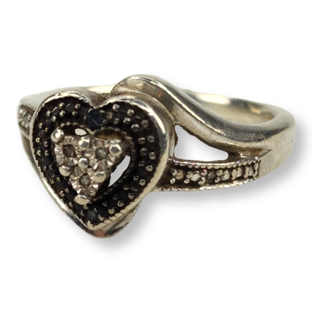 Vintage Heart Ring Sterling Silver 5.5 Silver Clear Green Stone Bypass Band